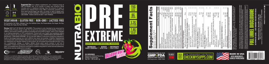 Official label of NutraBio PRE Extreme Dragonfruit Candy (NIH DSLD #248301)