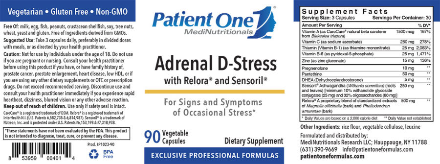 Official label of Patient One 1 MediNutritionals Adrenal D-Stress (NIH DSLD #249140)