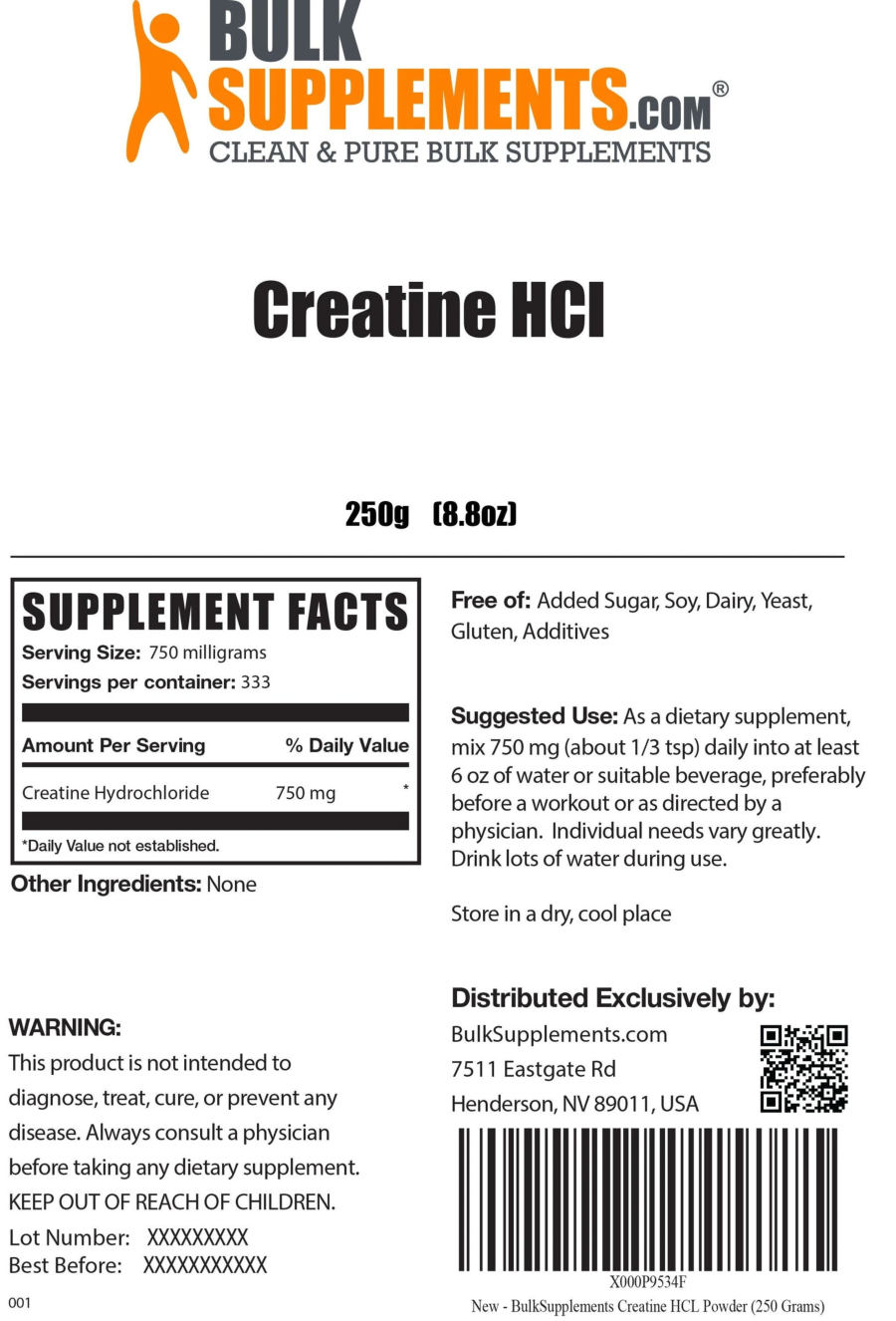 Official label of BulkSupplements.com Creatine HCL (NIH DSLD #253739)