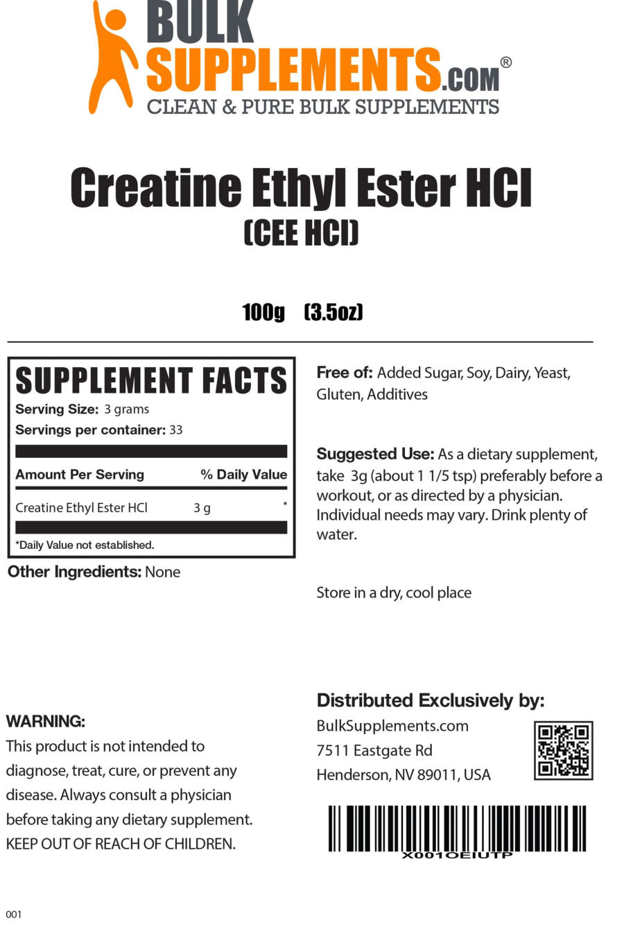 Official label of BulkSupplements.com Creatine Ethyl Ester HCL (NIH DSLD #253743)