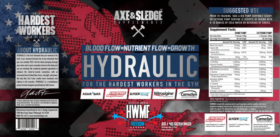Official label of Axe & Sledge Supplements Hydraulic HWMF (NIH DSLD #255126)
