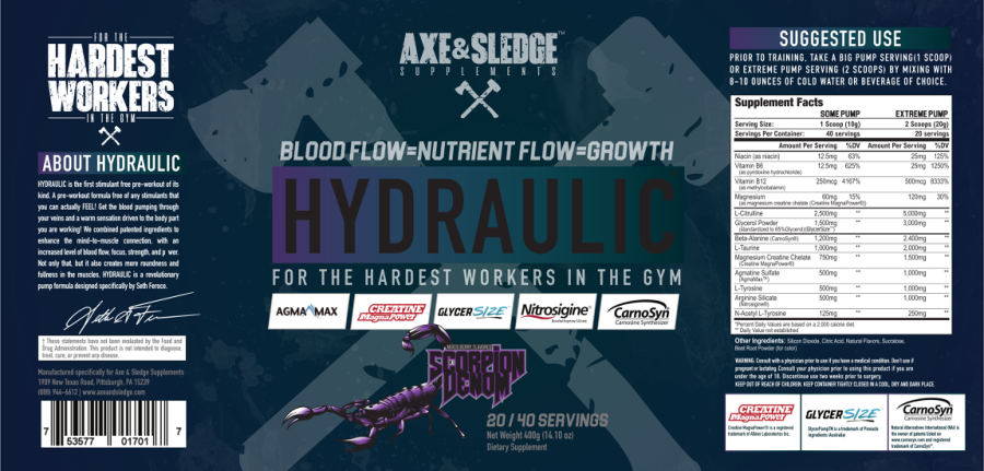 Official label of Axe & Sledge Supplements Hydraulic Scorpion Venom (NIH DSLD #255147)