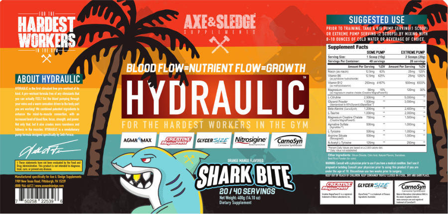 Official label of Axe & Sledge Supplements Hydraulic Shark Bite Orange Mango Flavored (NIH DSLD #255148)