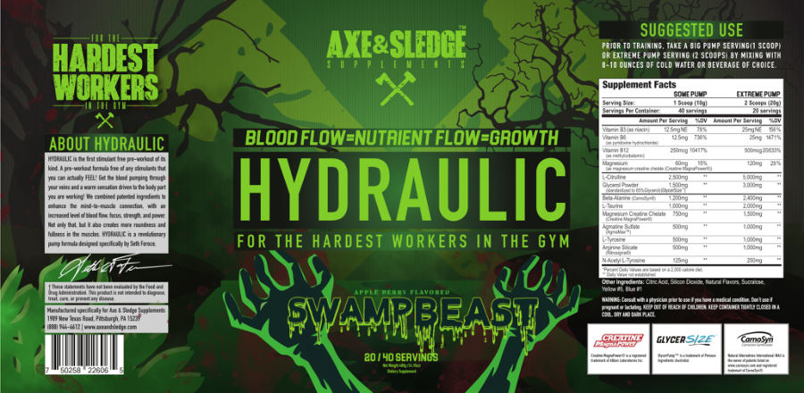 Official label of Axe & Sledge Supplements Hydraulic Swamp Beast Apple Berry Flavor (NIH DSLD #255181)