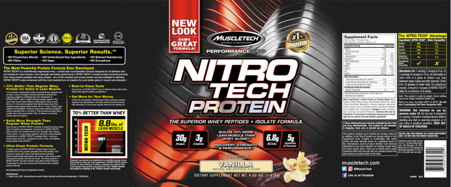 Official label of MuscleTech Performance Series Nitro Tech Protein Vanilla (NIH DSLD #255811)