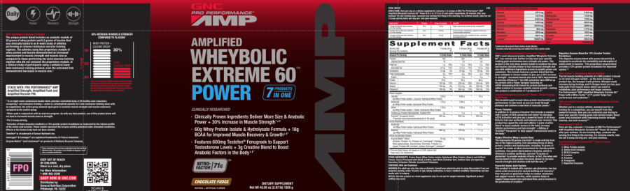 Official label of GNC Pro Performance AMP Amplified Wheybolic Extreme 60 Power Chocolate Fudge (NIH DSLD #25712)