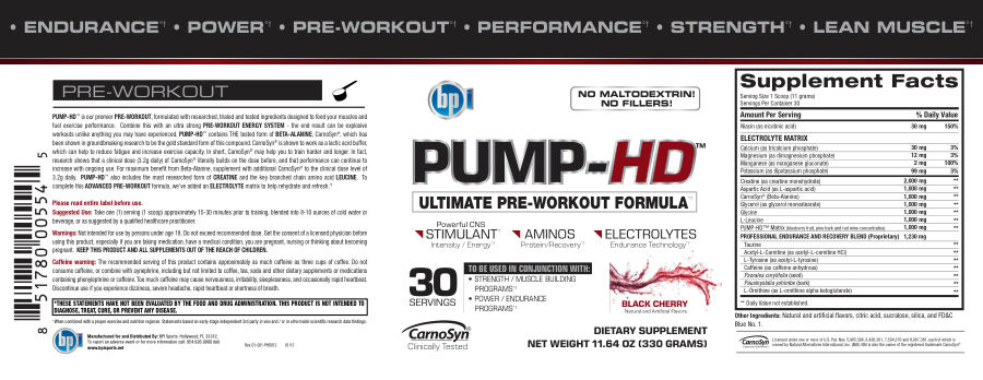 Official label of BPI Sports Pump-HD Black Cherry (NIH DSLD #25713)