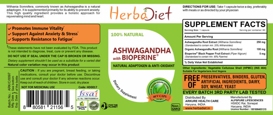 Official label of Herbadiet Ashwagandha with BioPerine (NIH DSLD #257378)