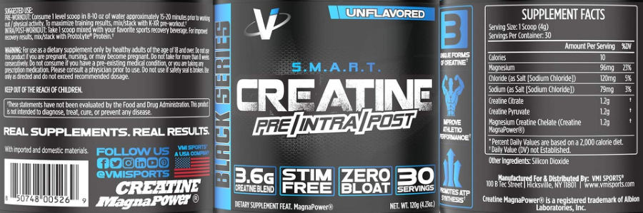 Official label of VMI Sports Black Series S.M.A.R.T. Creatine Unflavored (NIH DSLD #257734)