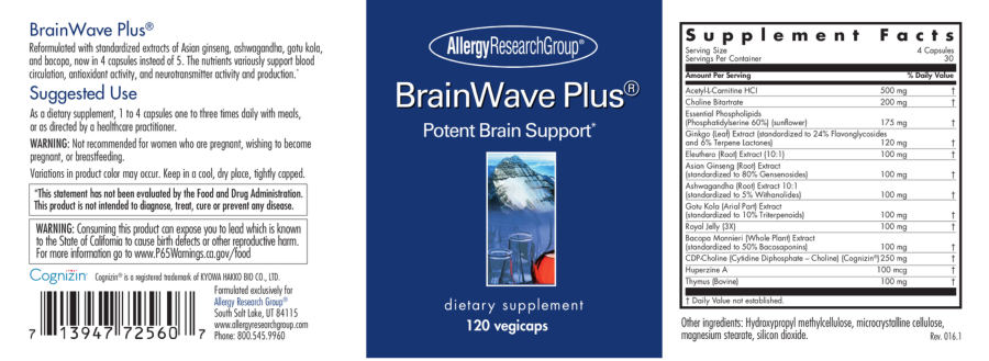 Official label of Allergy Research Group BrainWave Plus (NIH DSLD #258054)