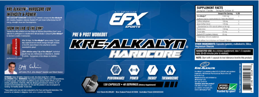 Official label of All American EFX Sports Kre-Alkalyn Hardcore (NIH DSLD #259299)