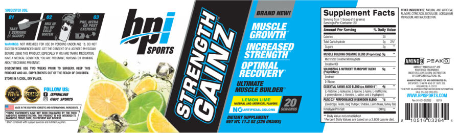 Official label of BPI Sports Strength Gainz Lemon Lime (NIH DSLD #259644)