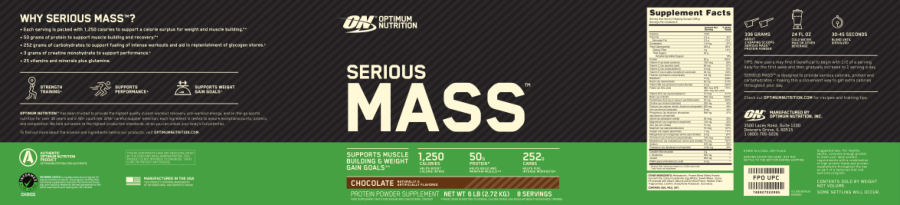 Official label of Optimum Nutrition Serious Mass Chocolate (NIH DSLD #260023)
