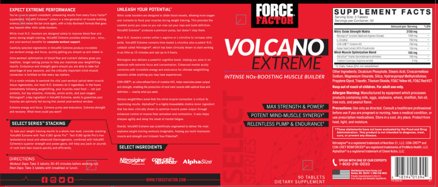 Official label of Force Factor Volcano Extreme (NIH DSLD #260320)