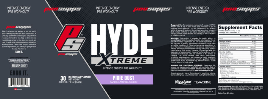Official label of PS ProSupps Hyde Xtreme Pixie Dust (NIH DSLD #261136)