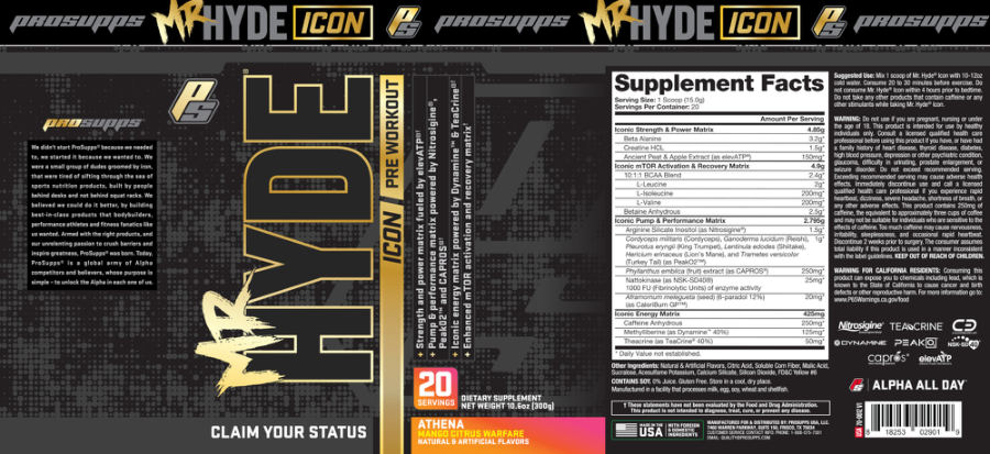 Official label of PS ProSupps Mr Hyde Icon Pre Workout Athena Mango Citrus Warfare (NIH DSLD #261156)