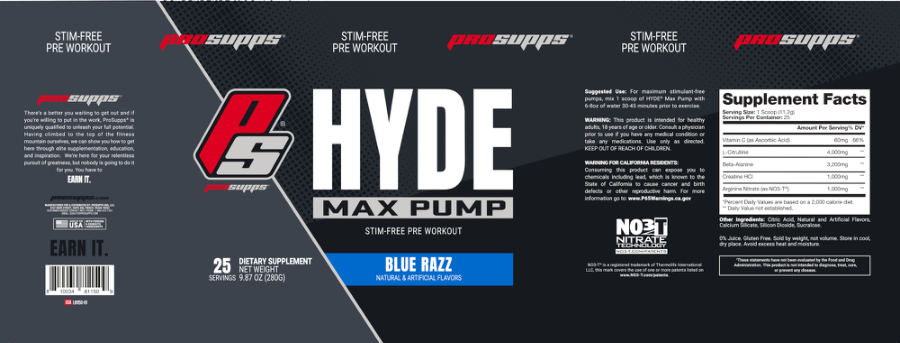Official label of PS ProSupps Hyde Max Pump Blue Razz (NIH DSLD #261165)