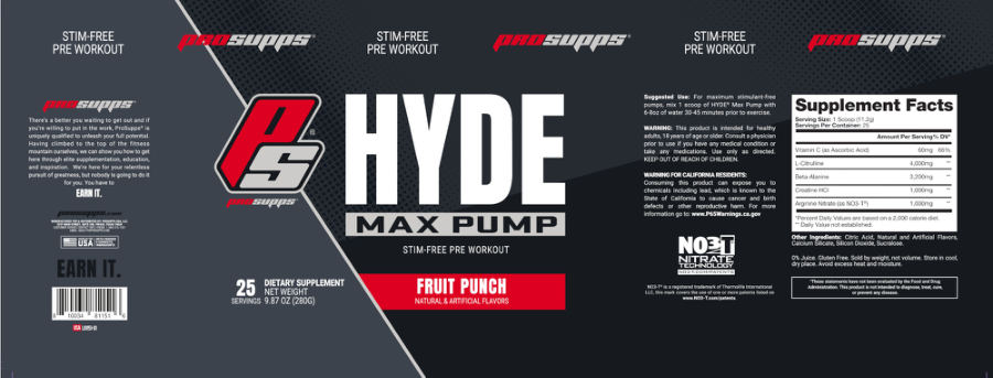 Official label of PS ProSupps Hyde Max Pump Fruit Punch (NIH DSLD #261174)