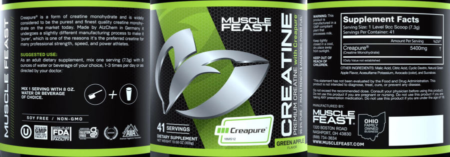 Official label of Muscle Feast Creatine Green Apple Flavor (NIH DSLD #261594)