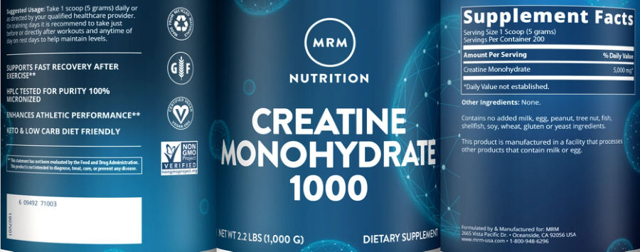Official label of MRM Nutrition Creatine Monohydrate 1000 (NIH DSLD #261804)