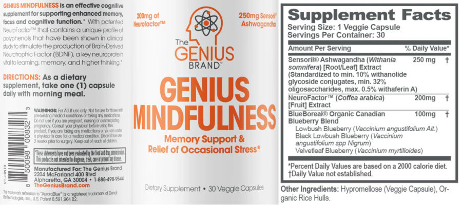 Official label of The Genius Brand Genius Mindfulness (NIH DSLD #263235)