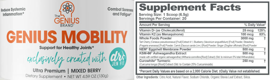 Official label of The Genius Brand Genius Mobility Mixed Berry (NIH DSLD #263236)
