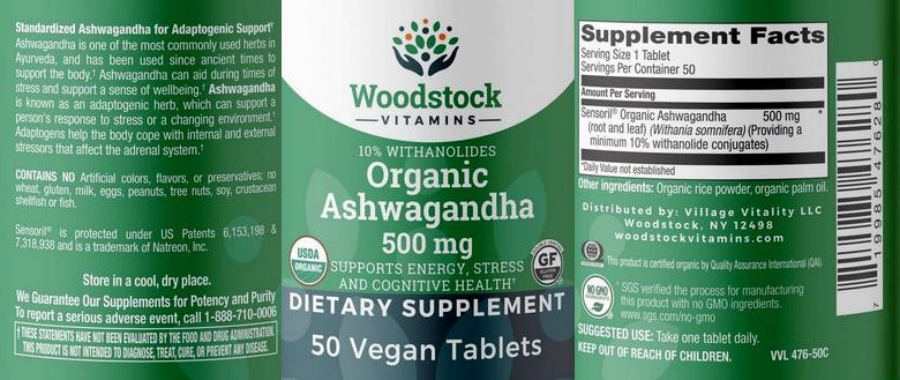 Official label of Woodstock Vitamins Organic Ashwagandha 500 mg (NIH DSLD #263482)
