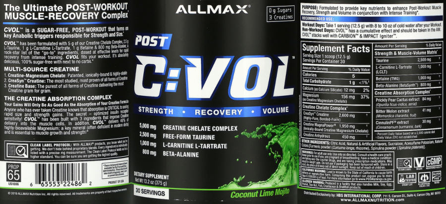Official label of ALLMAX C:VOL Coconut Lime Mojito (NIH DSLD #263616)