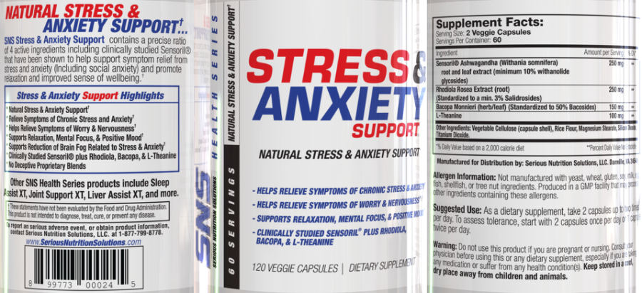 Official label of SNS Serious Nutrition Solutions Stress & Anxiety Support (NIH DSLD #266099)
