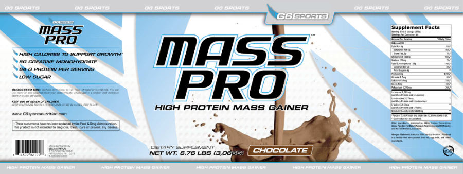 Official label of G6 Sports Mass Pro Chocolate (NIH DSLD #269036)