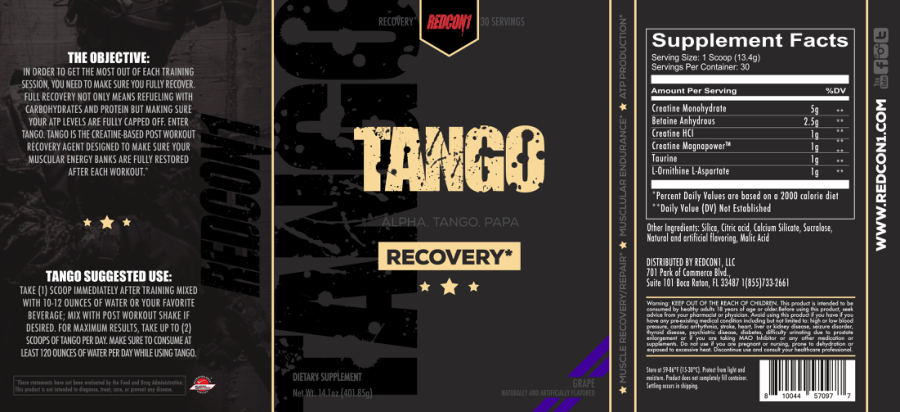 Official label of Redcon1 Tango Grape (NIH DSLD #269186)