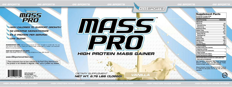 Official label of G6 Sports Mass Pro High Protein Mass Gainer Vanilla (NIH DSLD #269280)