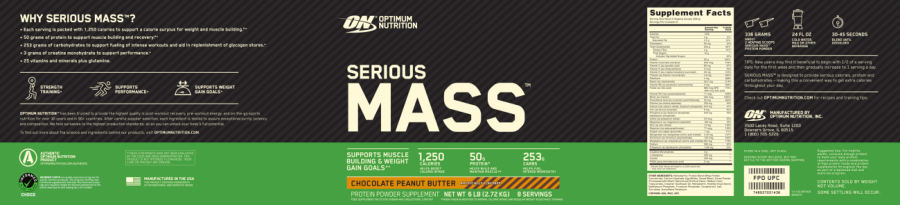 Official label of Optimum Nutrition Serious Mass Chocolate Peanut Butter (NIH DSLD #270149)