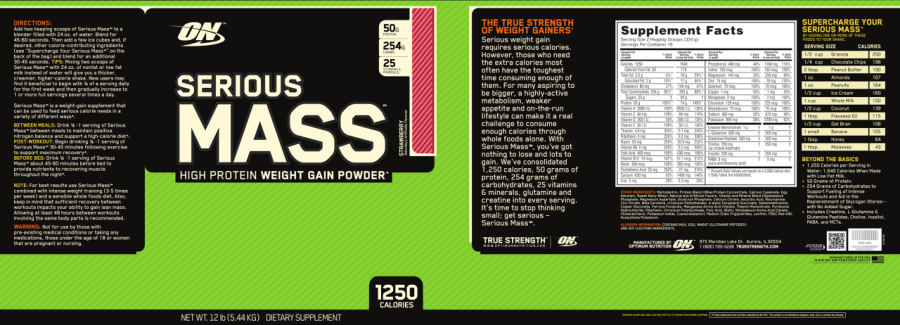 Official label of ON Optimum Nutrition Serious Mass Strawberry (NIH DSLD #270153)
