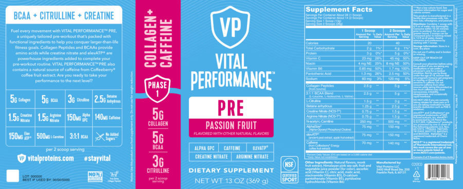 Official label of Vital Performance PRE Passion Fruit (NIH DSLD #270181)