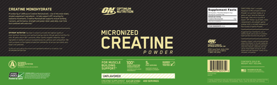 Official label of Optimum Nutrition Micronized Creatine Powder Unflavored (NIH DSLD #270345)