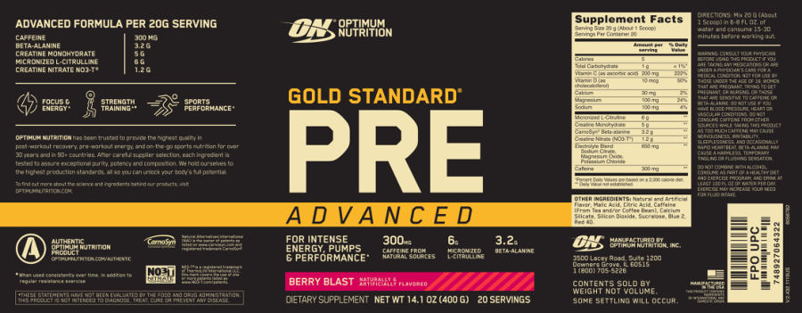 Official label of Optimum Nutrition Gold Standard Pre Advanced Berry Blast (NIH DSLD #270999)