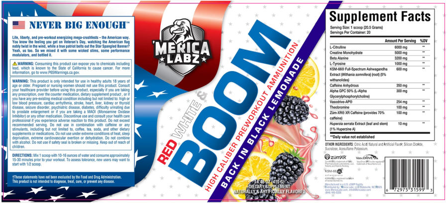 Official label of 'Merica Labz Red White & Boom Back In Black Lemonade (NIH DSLD #271113)