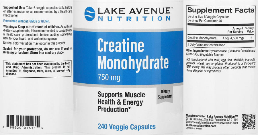 Official label of Lake Avenue Nutrition Creatine Monohydrate 750 mg (NIH DSLD #272311)