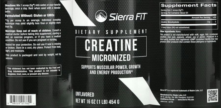 Official label of Sierra Fit Micronized Creatine Unflavored (NIH DSLD #272530)