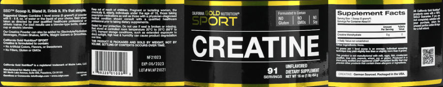 Official label of California Gold Nutrition SPORT Creatine Unflavored (NIH DSLD #273326)