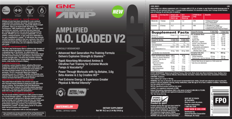 Official label of GNC Pro Performance AMP Amplified N.O. Loaded V2 Watermelon (NIH DSLD #27343)
