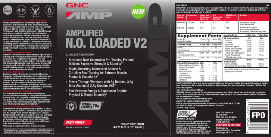 Official label of GNC Pro Performance AMP Amplified N.O. Loaded V2 Fruit Punch (NIH DSLD #27346)