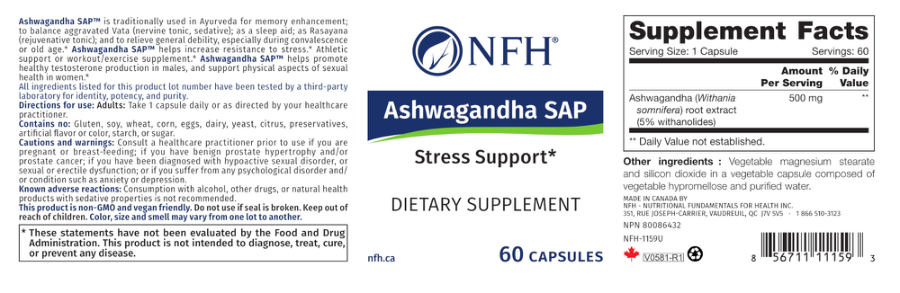 Official label of NFH Ashwagandha SAP (NIH DSLD #273574)