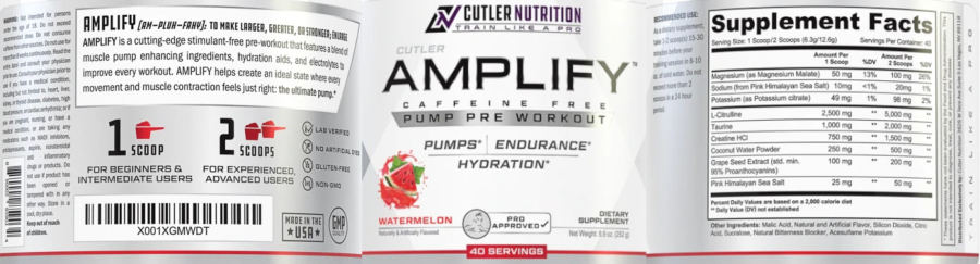 Official label of Cutler Nutrition Amplify Pump Pre Workout Watermelon (NIH DSLD #275690)