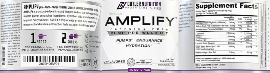 Official label of Cutler Nutrition Amplify Pump Pre Workout Unflavored (NIH DSLD #275691)