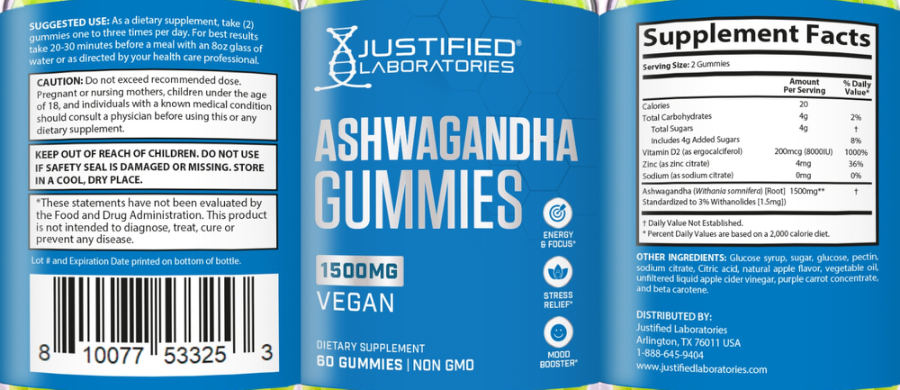 Official label of Justified Laboratories Ashwagandha Gummies 1500 mg (NIH DSLD #276010)