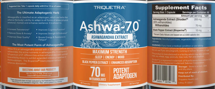 Official label of Triquetra Ashwa-70 (NIH DSLD #276284)