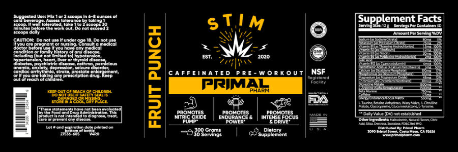 Official label of Primal Pharm STIM Fruit Punch (NIH DSLD #276420)