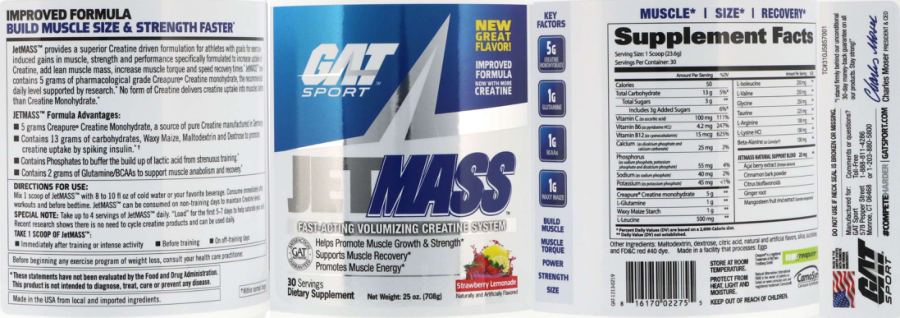 Official label of GAT Sport JetMASS Strawberry Lemonade (NIH DSLD #276597)